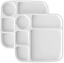 Two white, divided dinner trays with various compartments, stacked on top of each other.