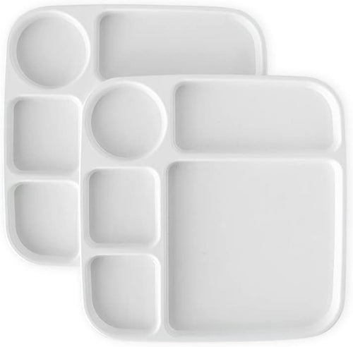 Two white, divided dinner trays with various compartments, stacked on top of each other.
