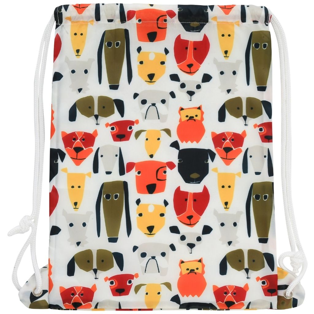A multicolored dog face pattern backpack with thick drawstrings and a side zipper pocket.
