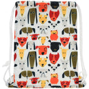 A multicolored dog face pattern backpack with thick drawstrings and a side zipper pocket.