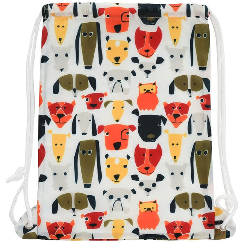 A multicolored dog face pattern backpack with thick drawstrings and a side zipper pocket.