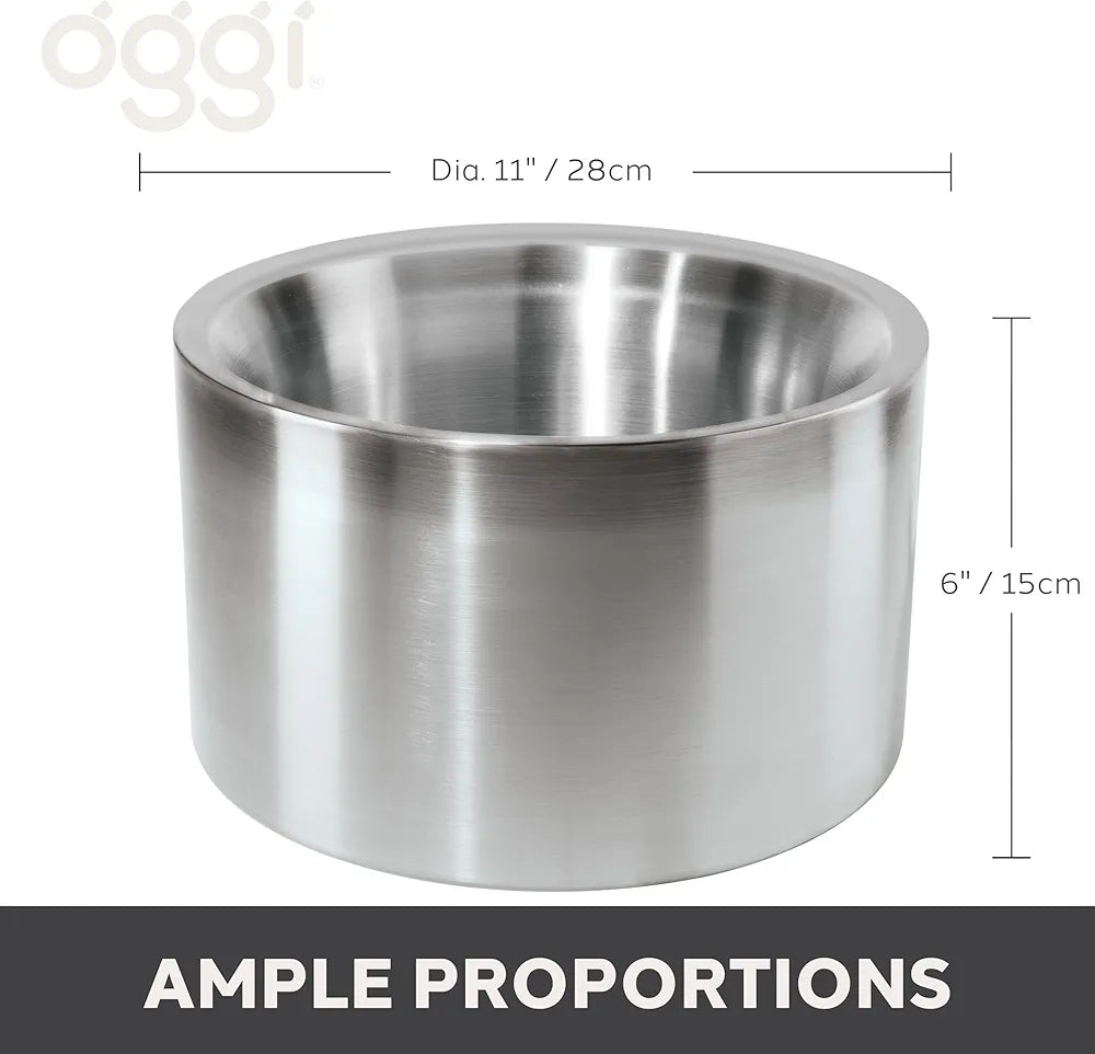 Stainless steel container with dimensions and 'oggi' branding on a white background