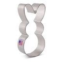 Metallic cookie cutter shaped like a bunny with 'Made in USA' label on a white background