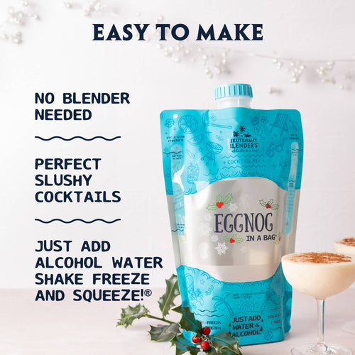 Eggnog in a bag with text on how to make it, surrounded by holly leaves and berries.