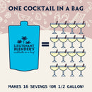 Blue cocktail bag with 'Lieutenant Blender's' branding and illustrations of cocktails on a pink background.