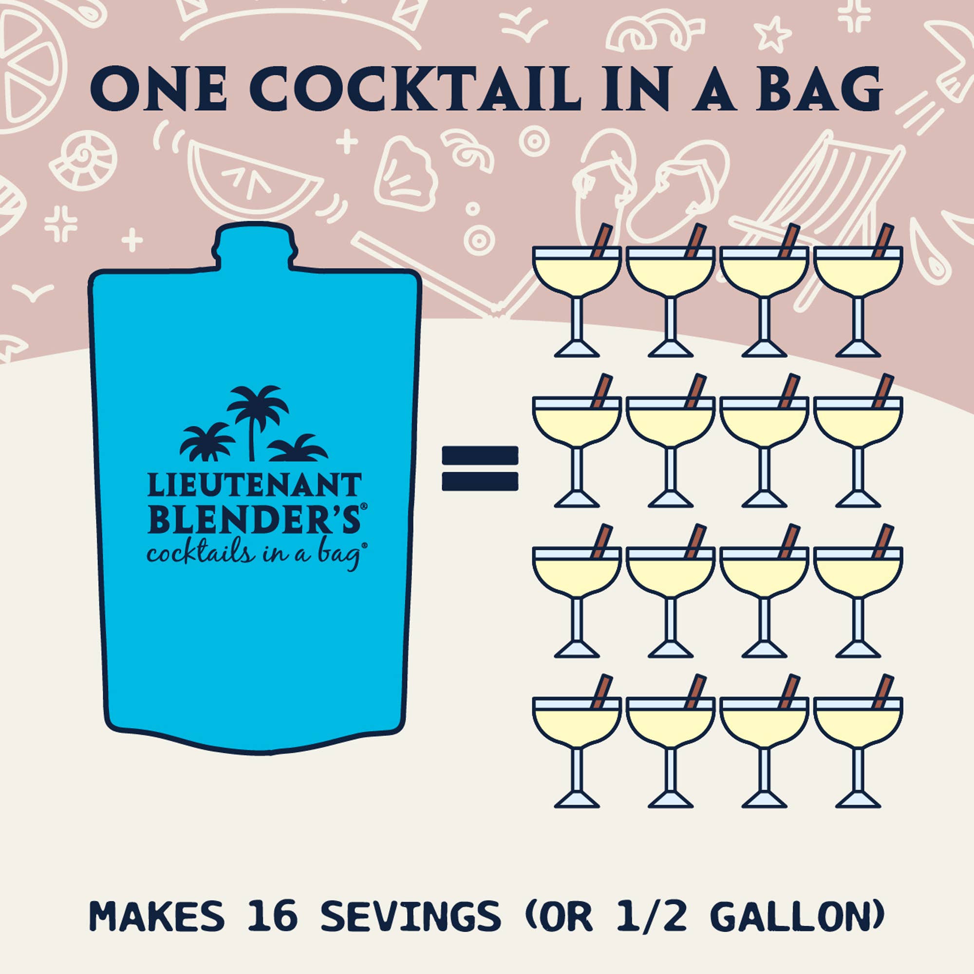 Blue cocktail bag with 'Lieutenant Blender's' branding and illustrations of cocktails on a pink background.