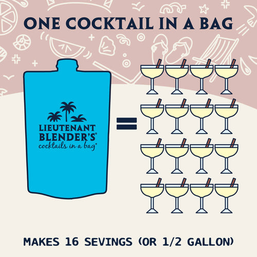 Blue cocktail bag with 'Lieutenant Blender's' branding and illustrations of cocktails on a pink background.