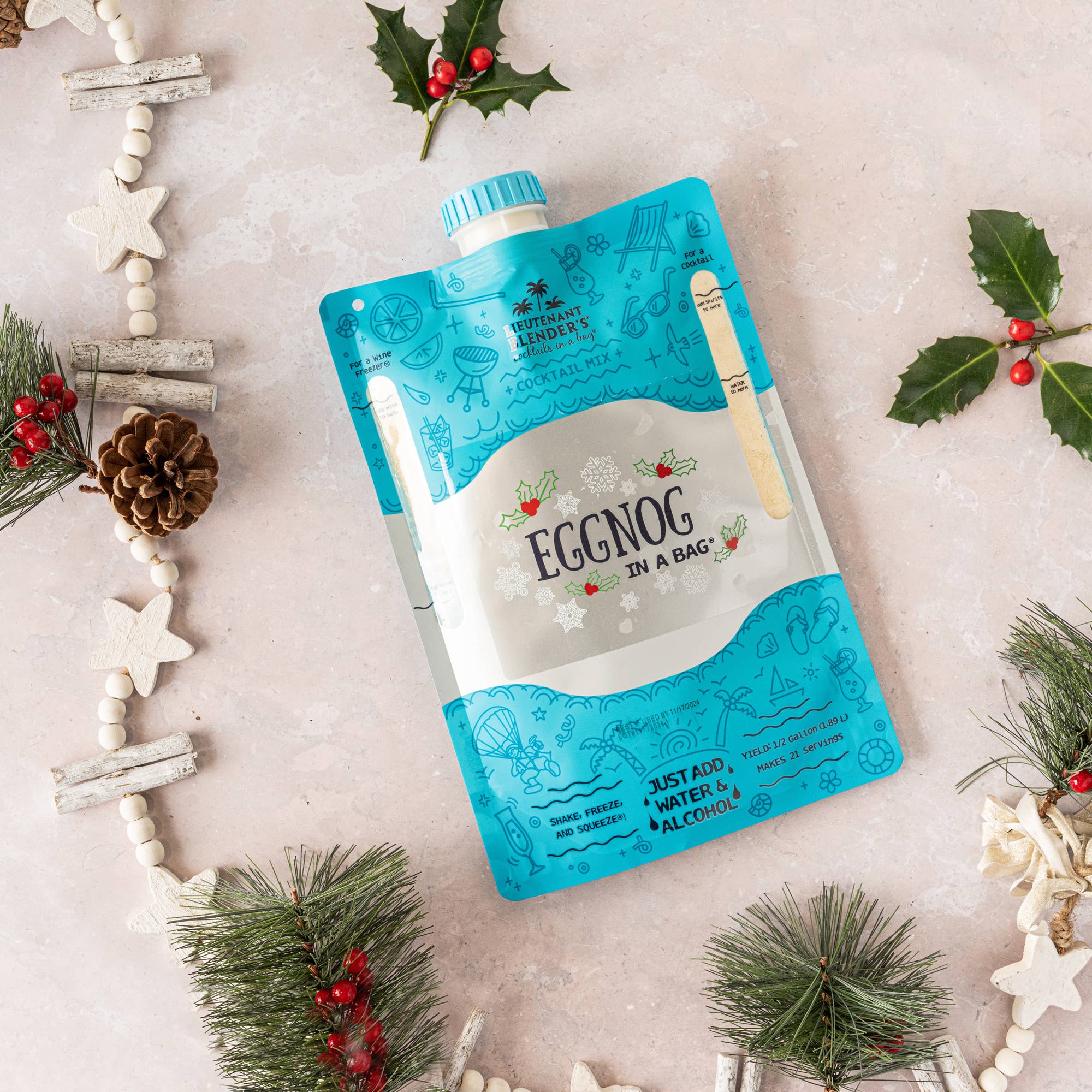 Eggnog in a bag packaging with Christmas decorations on a light background