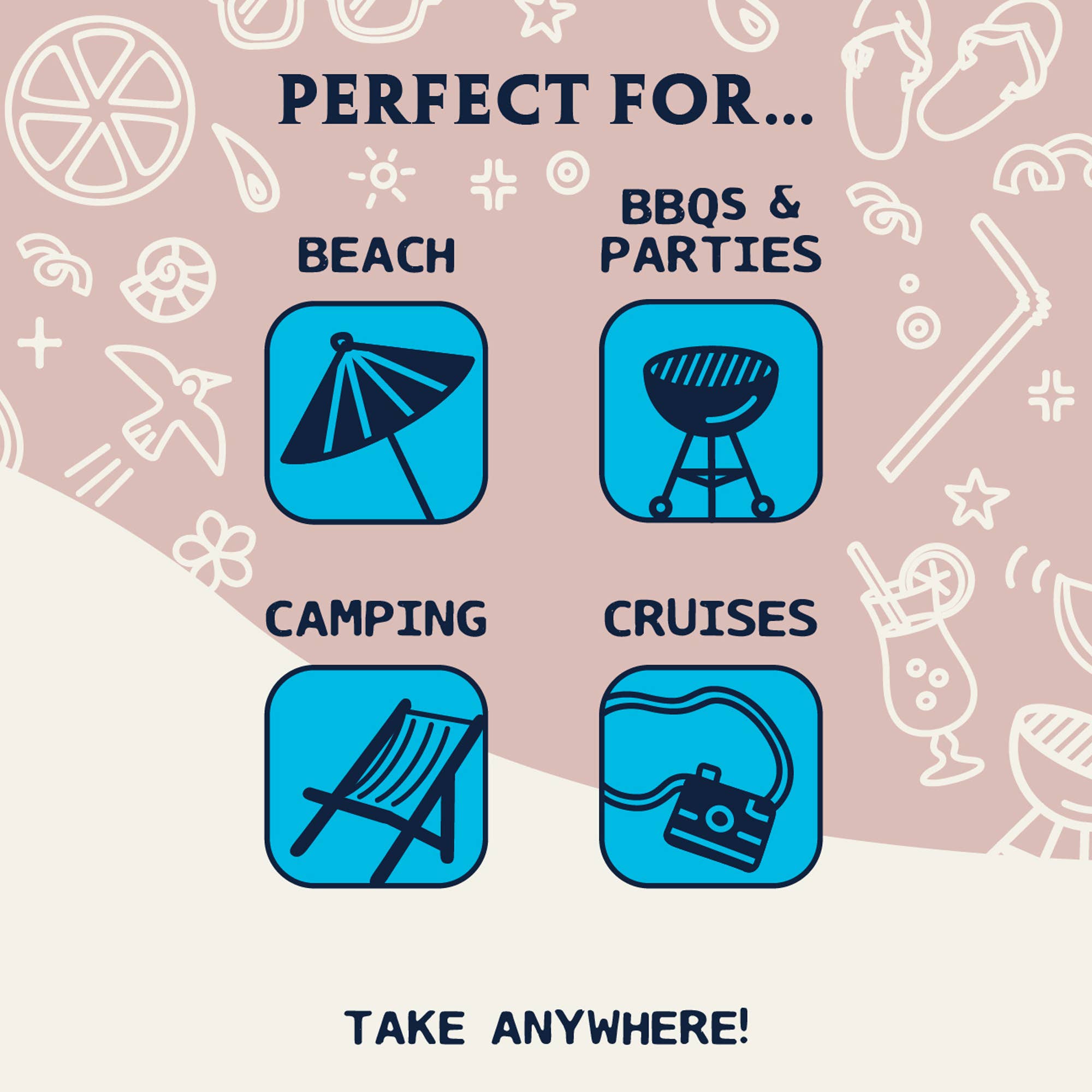 Product advertisement with icons for beach, BBQs & parties, camping, and cruises on a pink background.
