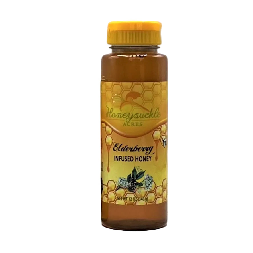 Bottle of Honeysuckle Acres Elderberry Infused Honey on a white surface with a light gray background