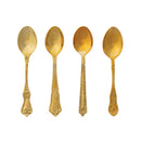 A set of four embossed brass spoons with different handle designs, displayed in a row against a white background.