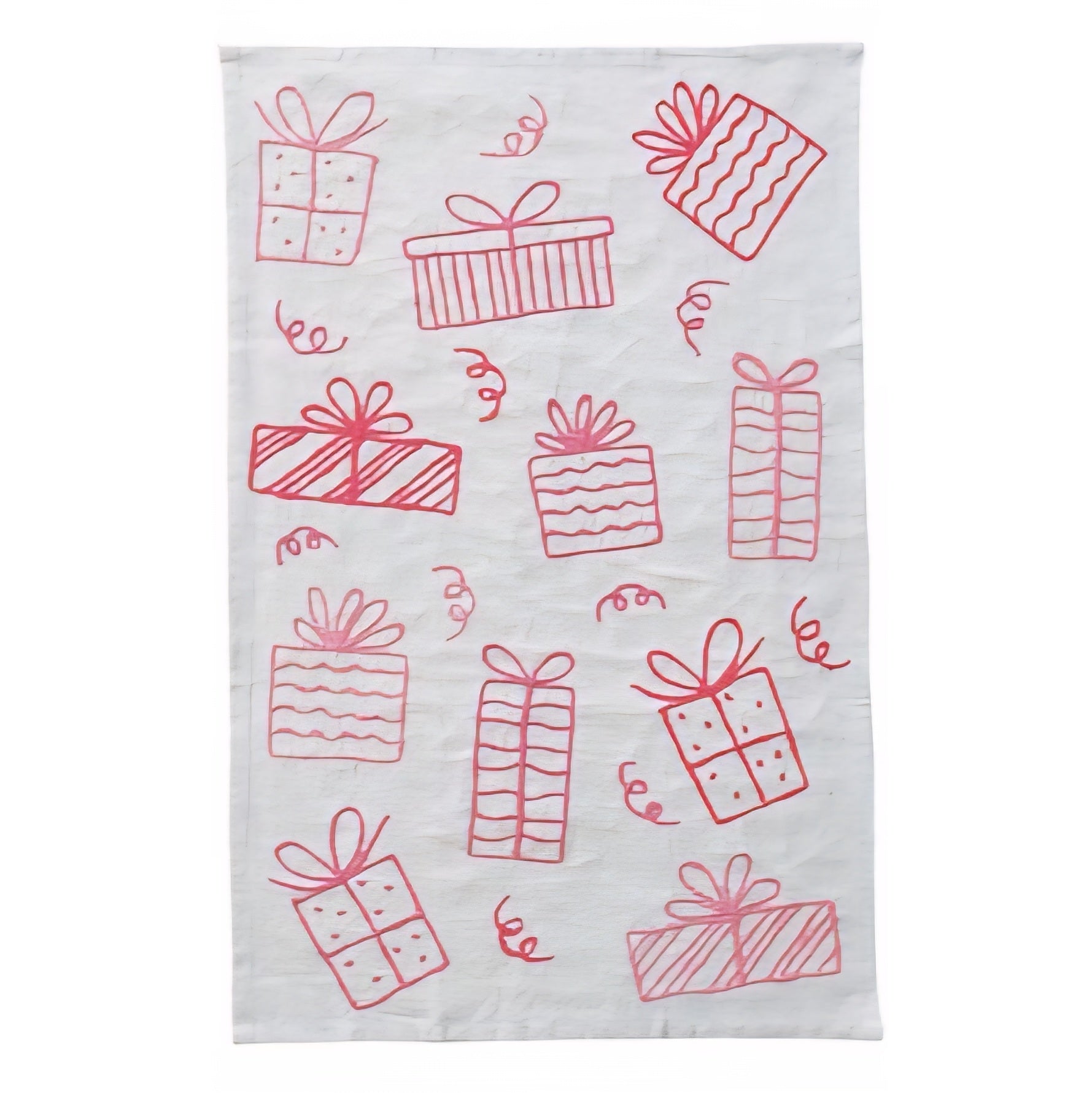 White towel with red gift box pattern on a white background