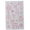 White towel with red Christmas-themed designs including trees, balls, stars, and a deer.