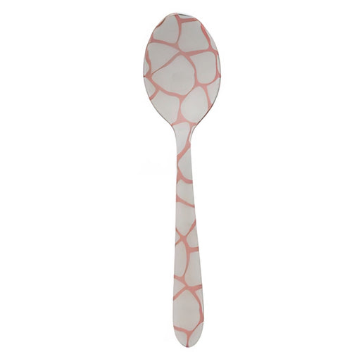 Spoon with pink and white geometric pattern on a white background