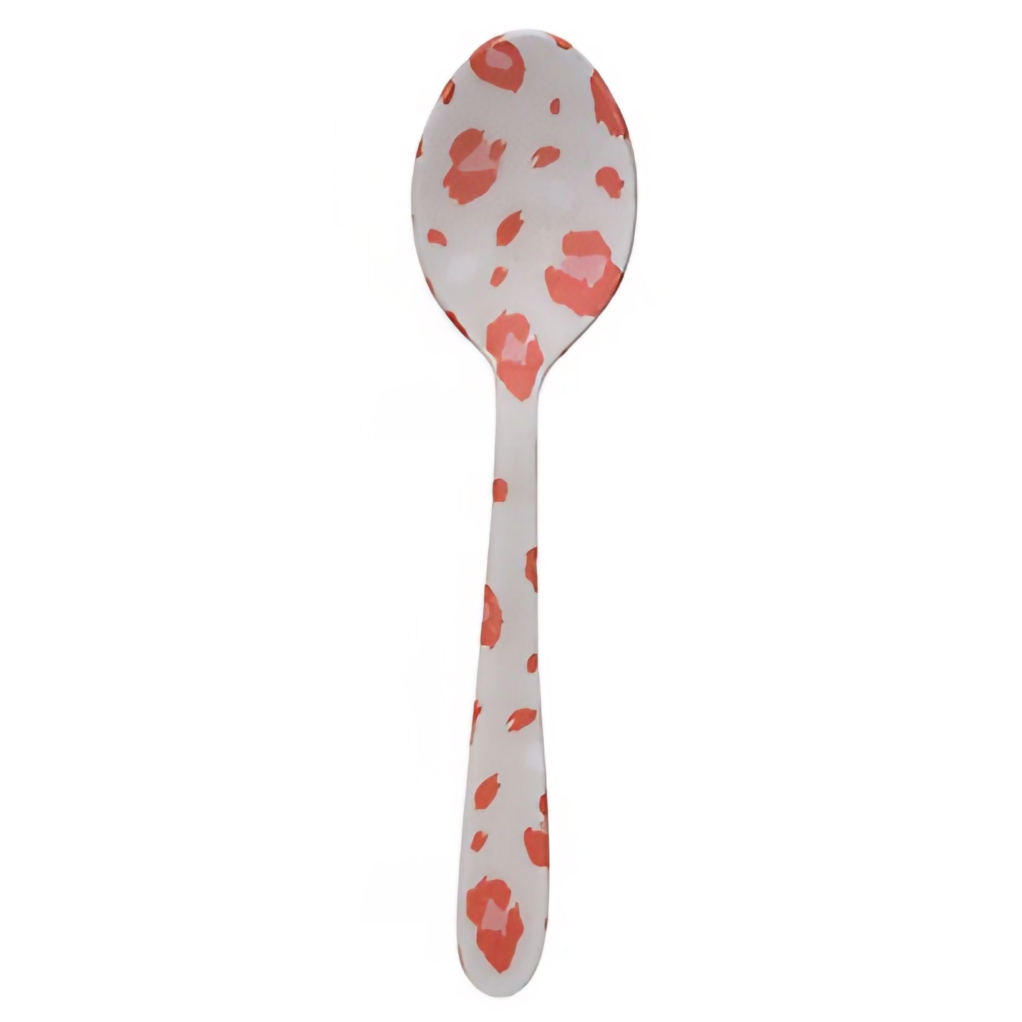 Spoon with red and pink jaguar pattern on a white background