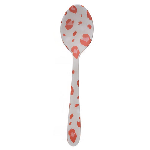 Spoon with red and pink jaguar pattern on a white background