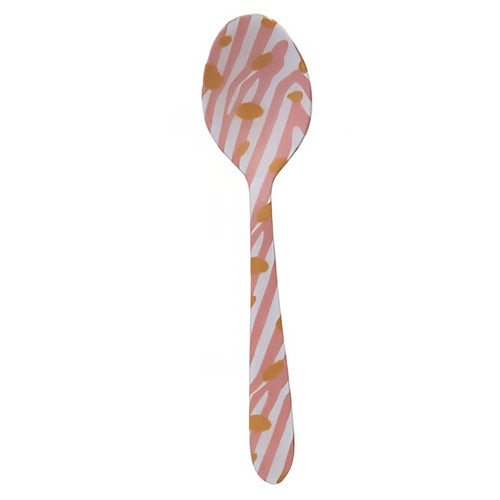 Spoon with pink and orange striped pattern on a white background