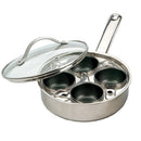 Stainless steel egg poacher with four compartments on a white background