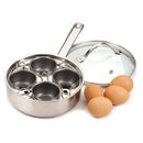 Stainless steel egg poacher with four compartments and a glass lid, accompanied by brown eggs on a white background.