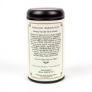 The back of an English Breakfast tea tin on a white background.