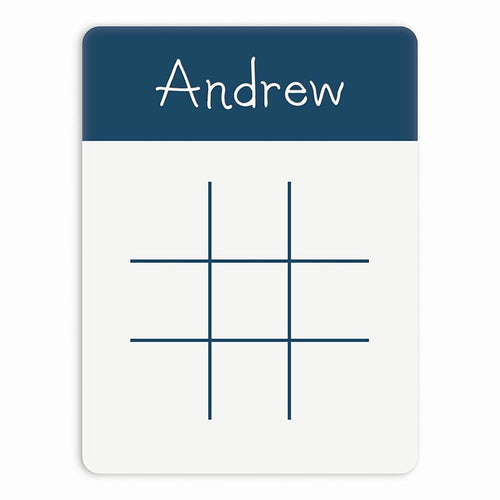 Erasable tic-tac-toe board with 'Andrew' at the top on a white background