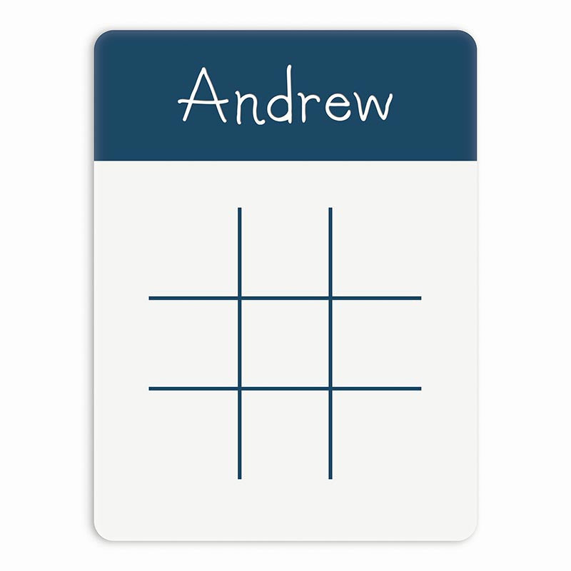 Erasable tic-tac-toe board with 'Andrew' at the top on a white background