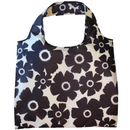 Reusable bag with black and white flower themed pattern on a white background