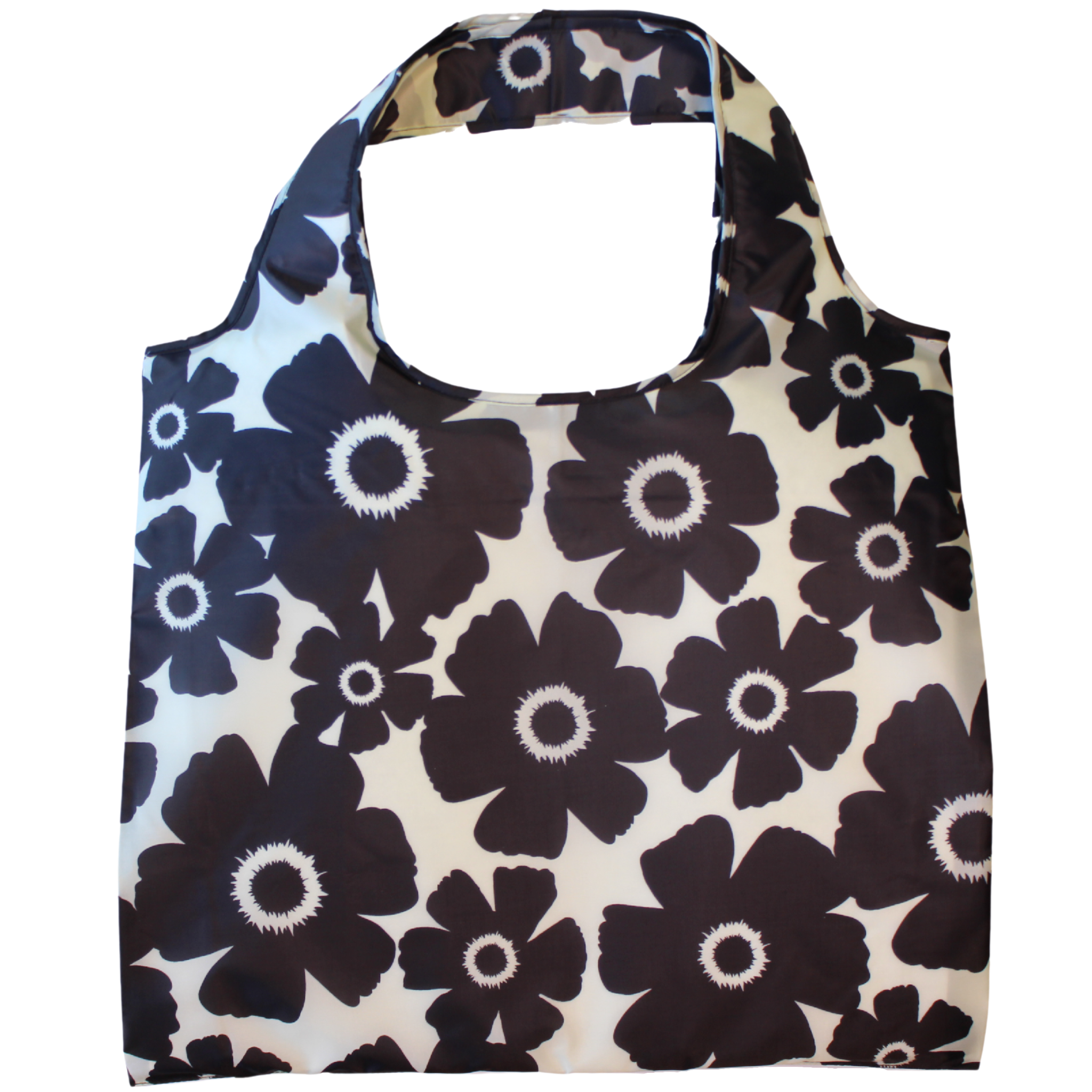 Reusable bag with black and white flower themed pattern on a white background