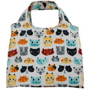 Reusable bag with colorful cat faces themed pattern on a white background