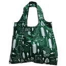 Green reusable bag with white forest-themed pattern on a white background