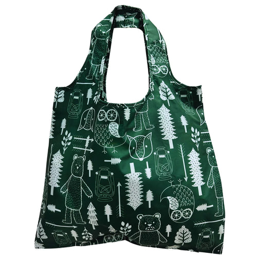 Green reusable bag with white forest-themed pattern on a white background