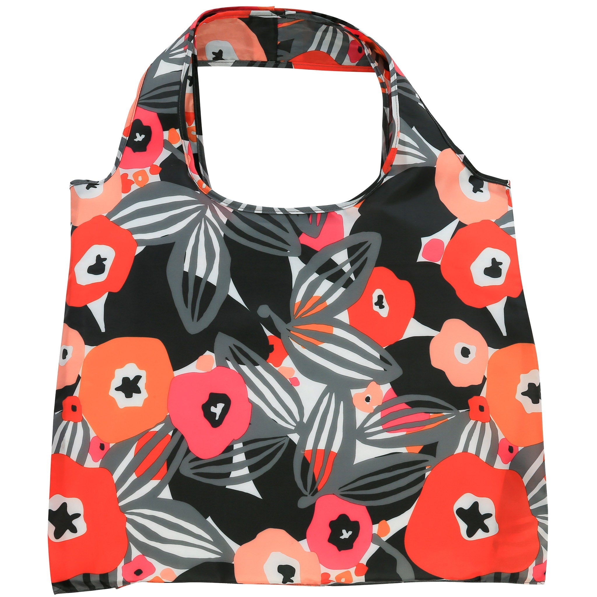 Reusable bag with poppy flower themed pattern on a white background