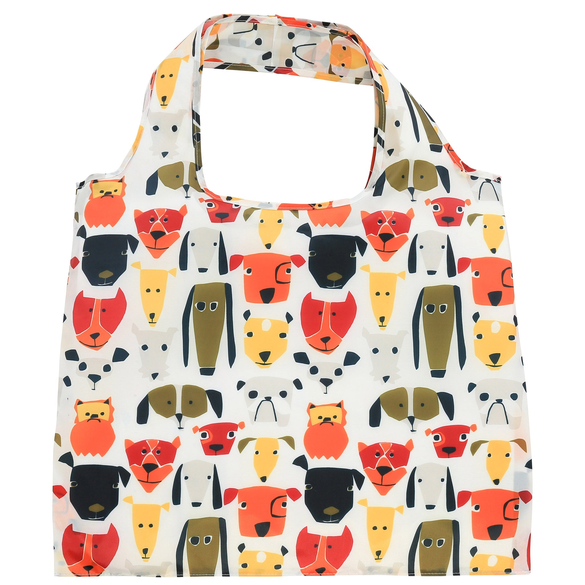 Reusable bag with colorful dog faces themed pattern on a white background