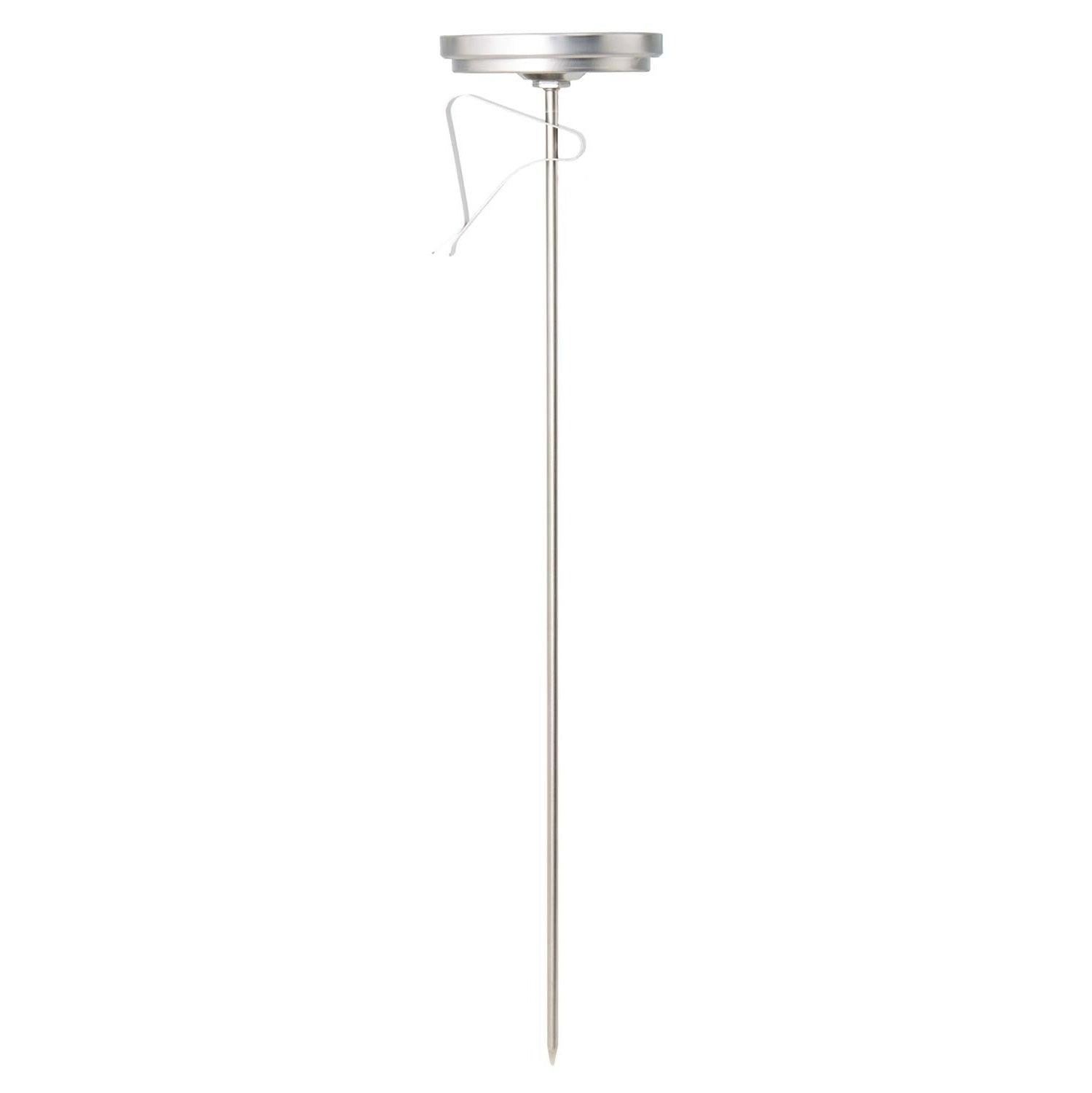 Stainless steel deep fry and candy thermometer on a white background