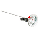 Stainless steel thermometer with a long probe on a white background