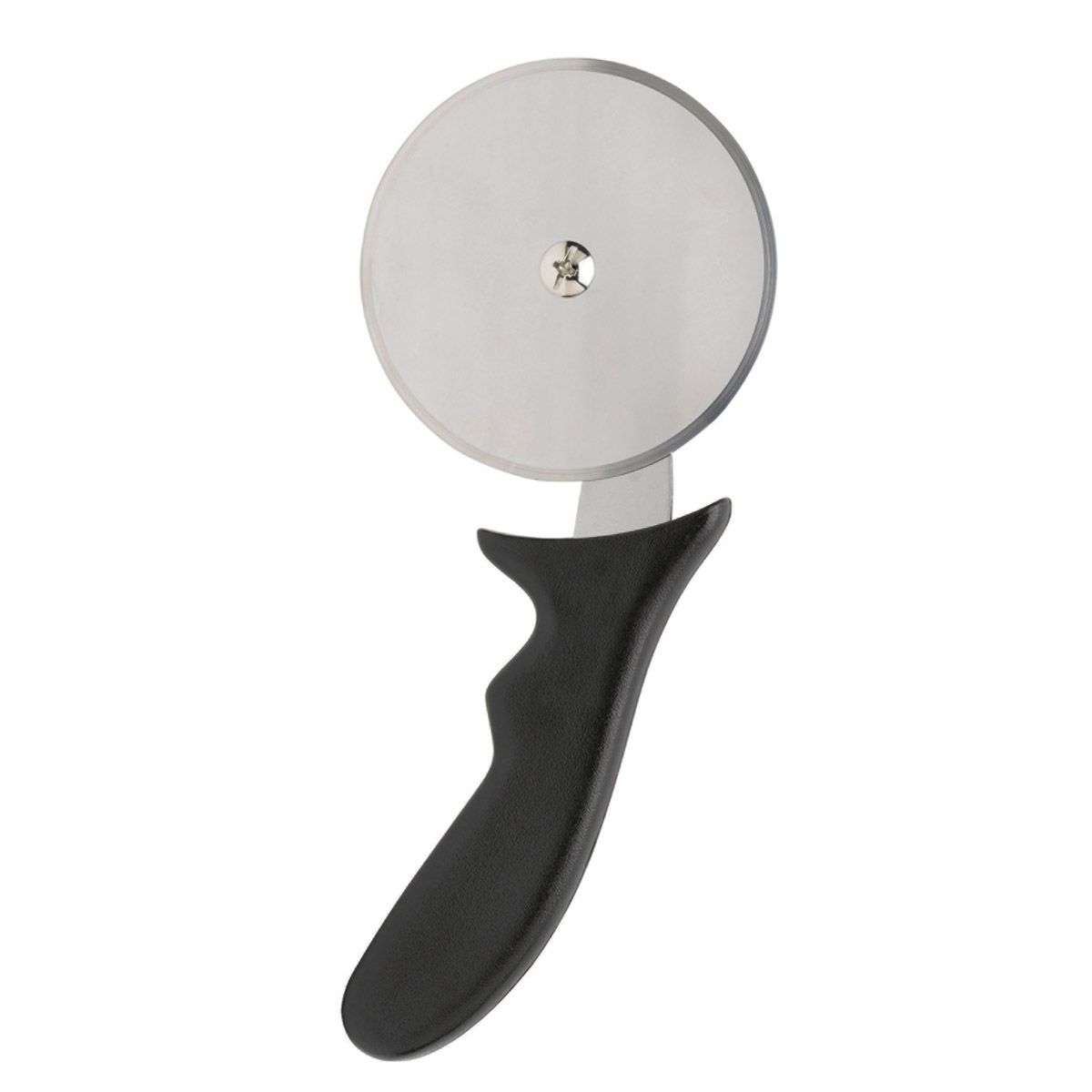 A pizza cutter with a black handle and a stainless steel circular blade on a white background.