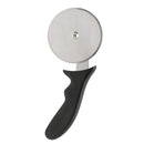 A pizza cutter with a black handle and a stainless steel circular blade on a white background.
