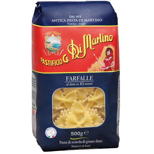 Packaging of Pastificio Di Martino farfalle pasta showing the product and brand name with a window displaying the pasta inside.