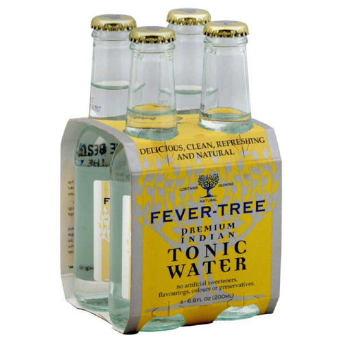 Pack of Fever-Tree premium Indian tonic water bottles on a white background