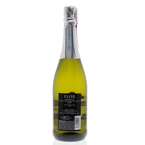 Back of a bottle of Flor prosecco wine with an informative label on a white background