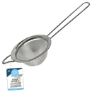 A stainless steel fine mesh wire flour sifter with a wire loop handle, displayed with a product label.