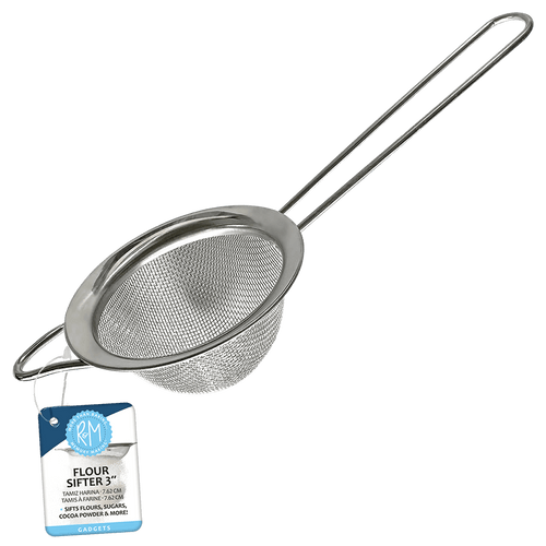 A stainless steel fine mesh wire flour sifter with a wire loop handle, displayed with a product label.