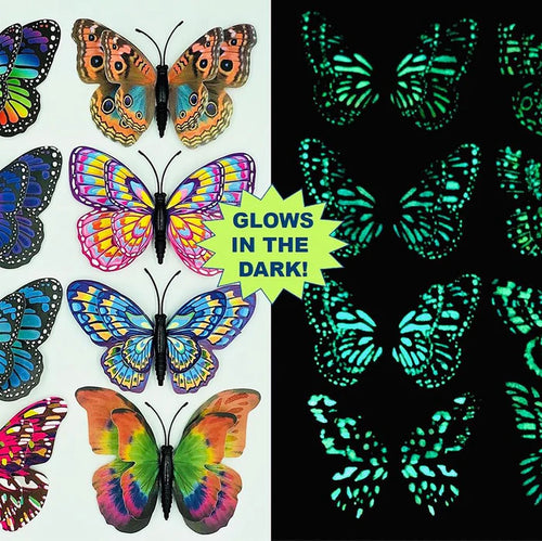 Butterfly decorations, some colorful and some glowing in the dark.