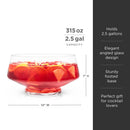 Large glass punch bowl with red liquid, holding 2.5 gallons, on a white background.