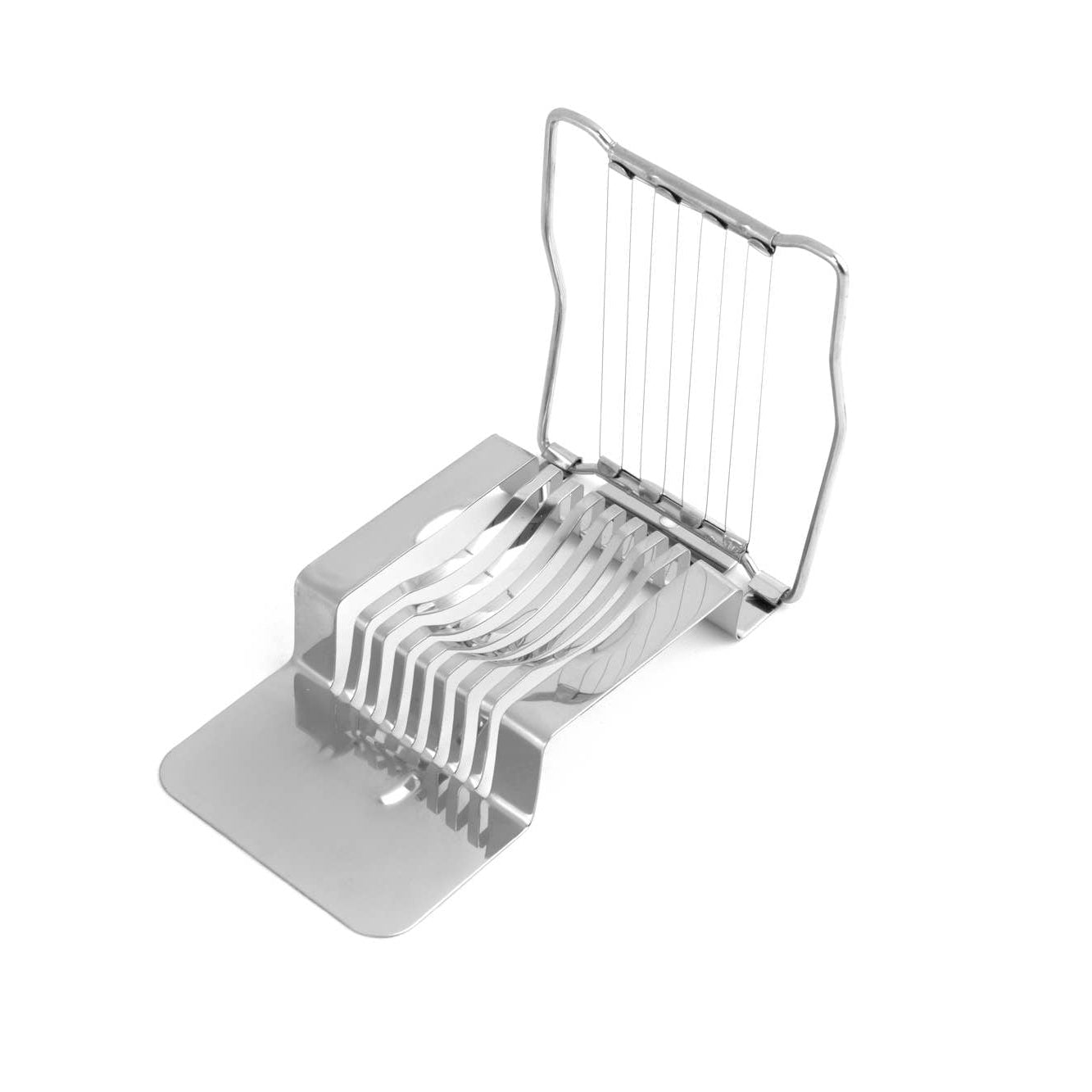 Metallic egg slicer with a grid design on a white background