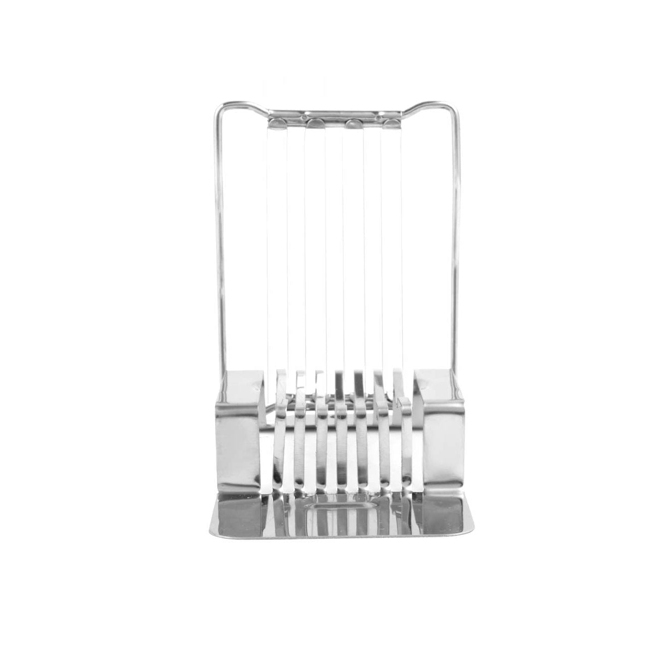 Metallic egg slicer with a handle on a white background