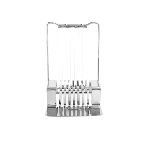 Metallic egg slicer with a handle on a white background