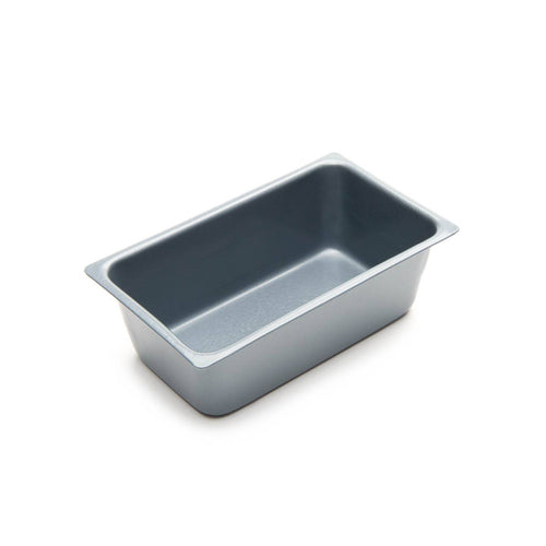 Rectangular metal loaf pan on a white background