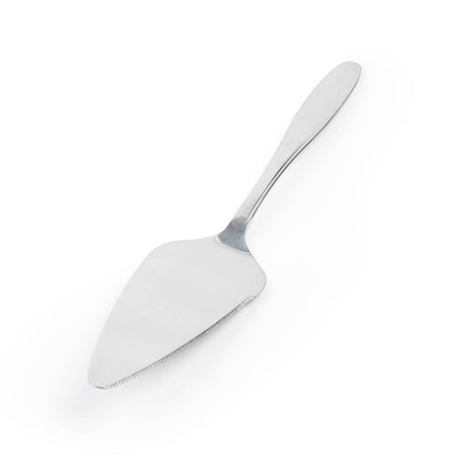 Metallic cake server on a white background