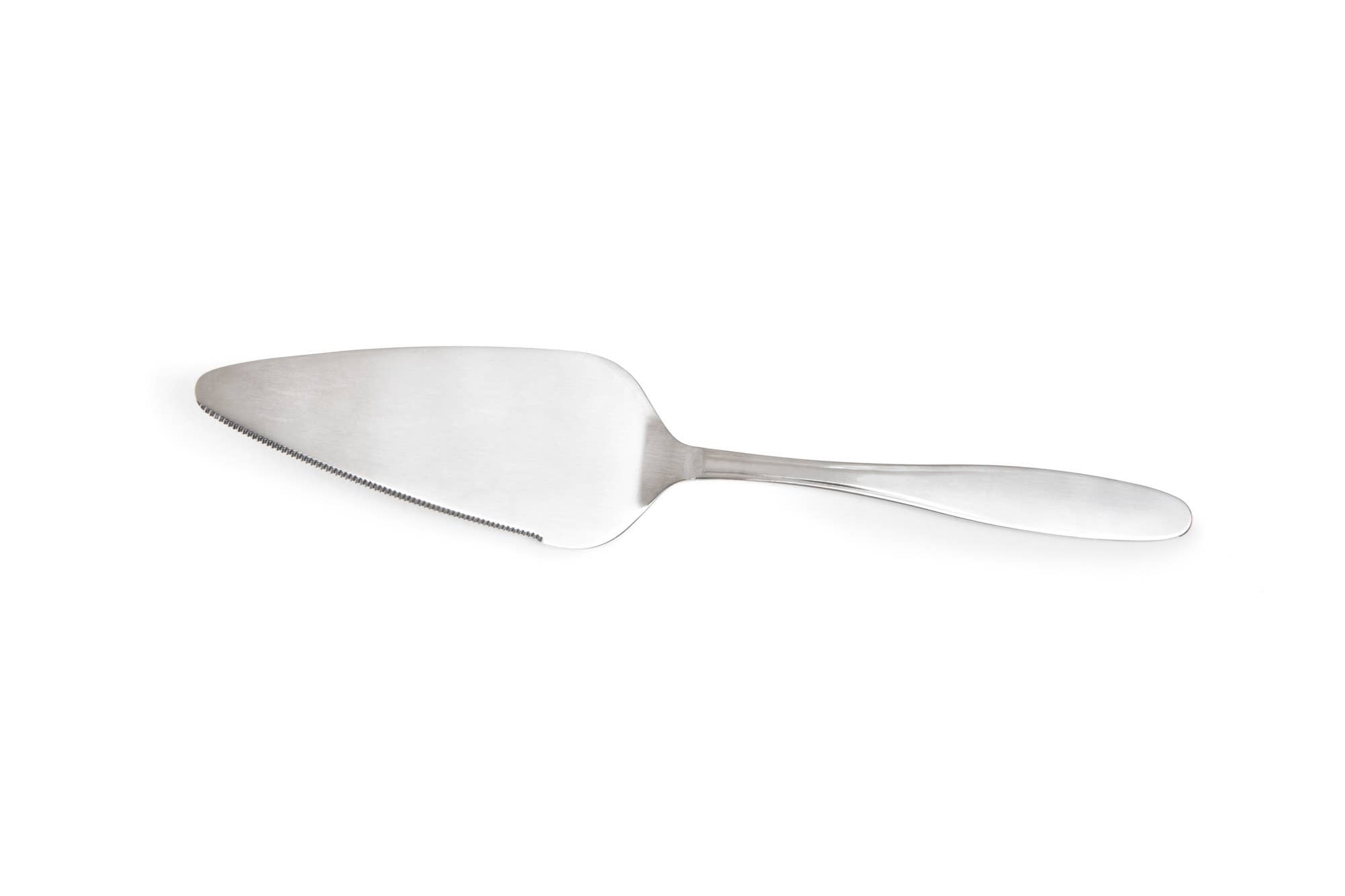 Silver cake server on a white background